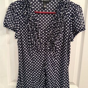 INC International Concepts Navy & White Polka Dot Ruffled Blouse